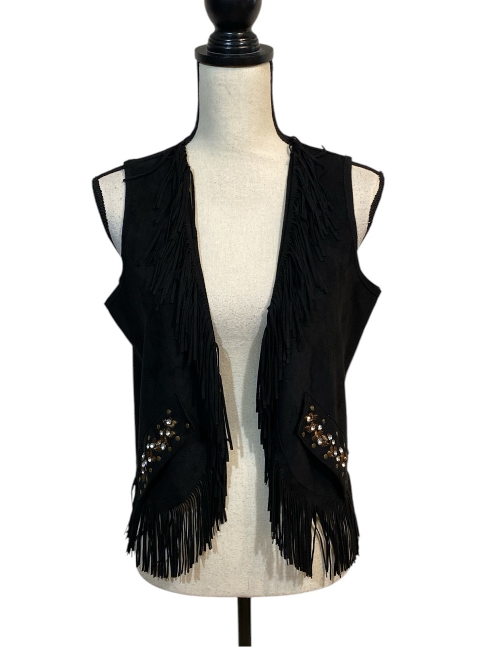 Sheryl Crow Black Faux Suede Boho Western Fringe Vest S